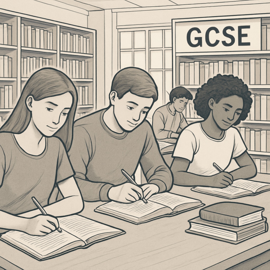Students studying for GCSE exams in a library, showcasing academic focus.
