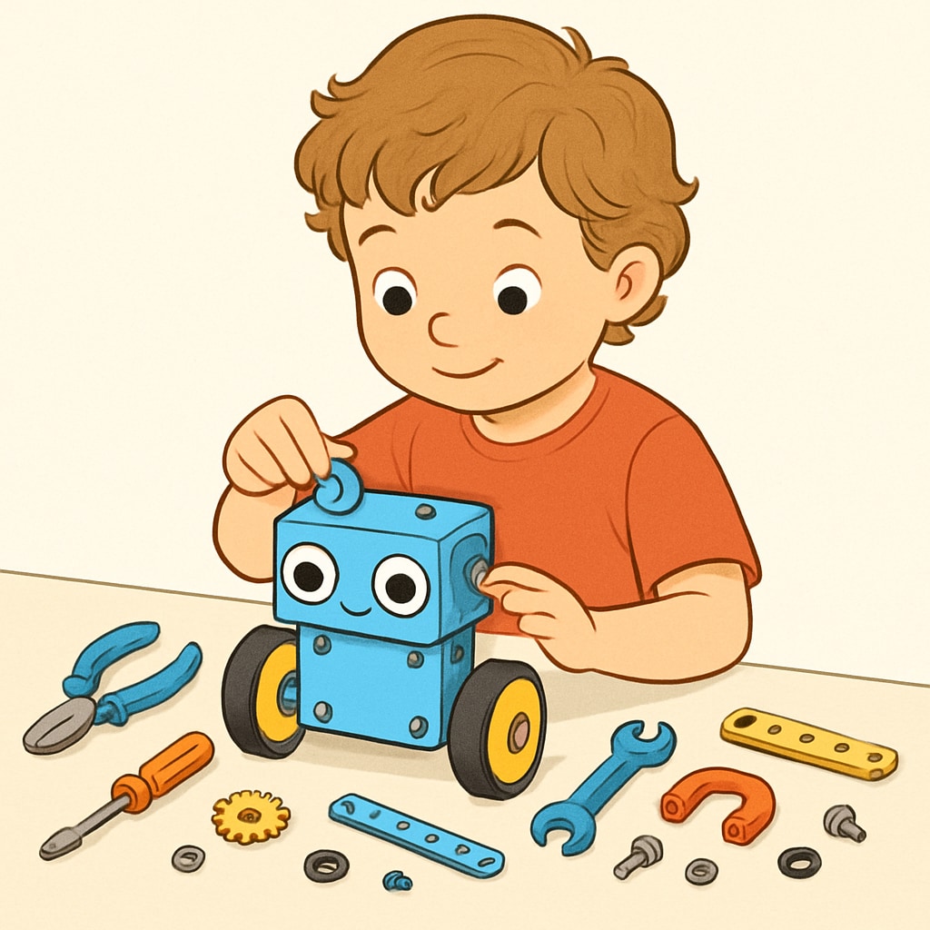 A young child working on a robot kit, showcasing hands-on learning and creativity cultivation.