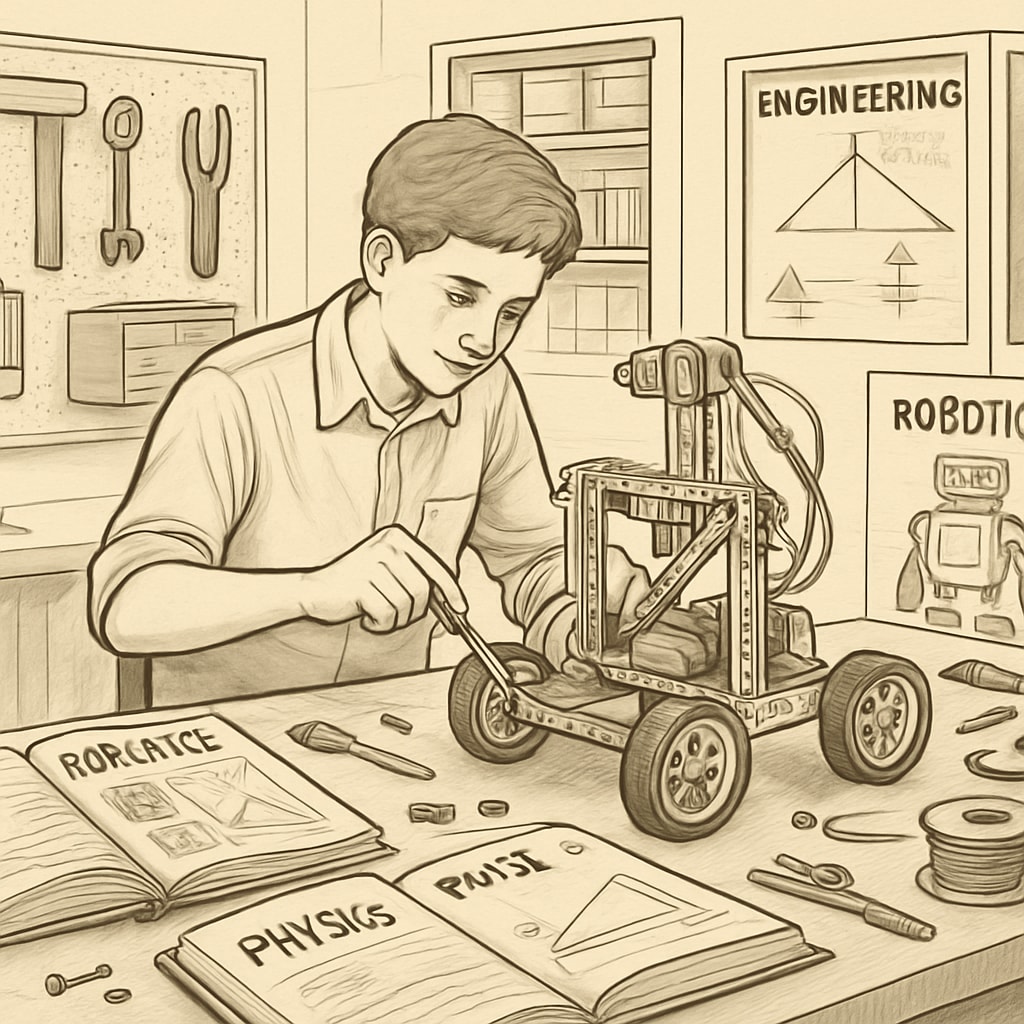 A student working on a robotics project in a vocational classroom, showcasing the integration of academic concepts like physics and engineering with hands-on skills. A student in a vocational classroom working on a robotics project, illustrating the balance of academics and vocational training.