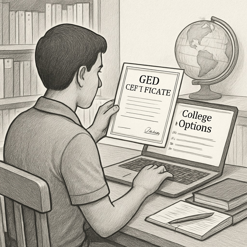 A person holding a GED certificate while researching college options on a laptop. Adult learner with GED certificate exploring college admission possibilities.