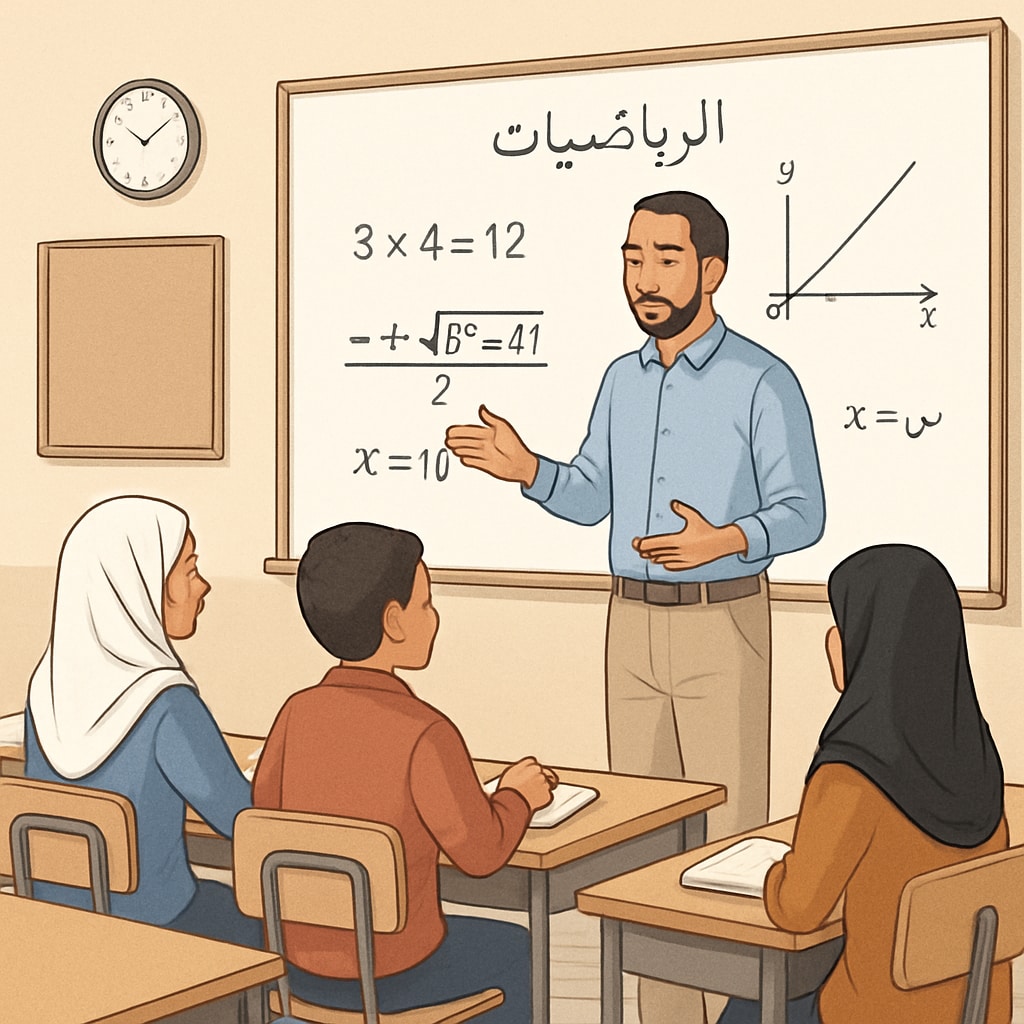 High school math teacher explaining concepts to Arabic-speaking students.