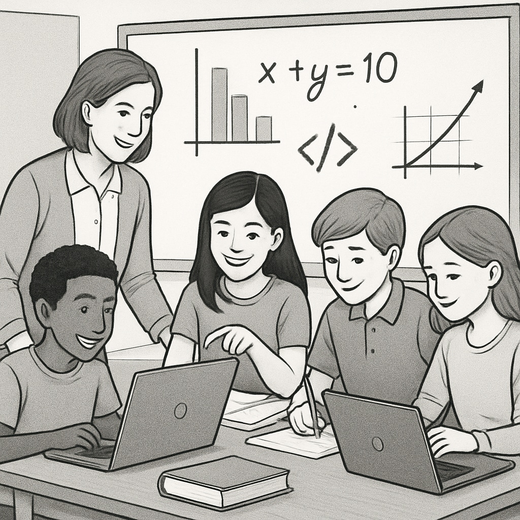 A teacher guiding students through a collaborative project that combines coding skills with mathematical problem-solving, emphasizing interdisciplinary learning. A teacher assisting students with a coding and math project, highlighting interdisciplinary education.