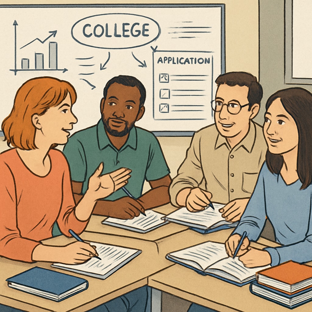 A group of adult learners discussing college application strategies in a classroom setting. Adult learners collaborating on GED-based college application strategies.