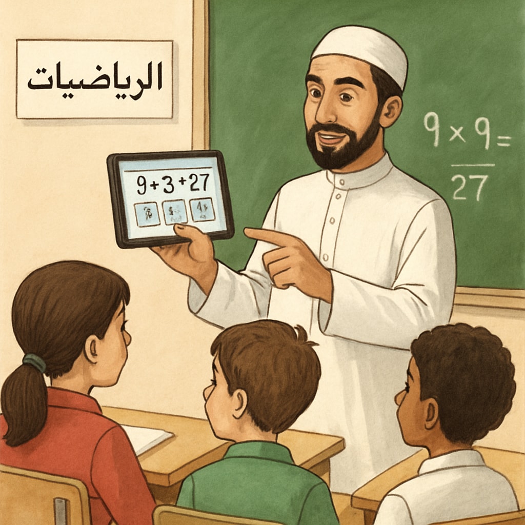 Teacher demonstrating an interactive math lesson in Arabic-speaking classrooms.