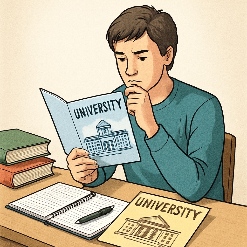 College student reading brochures to plan their academic and career path.