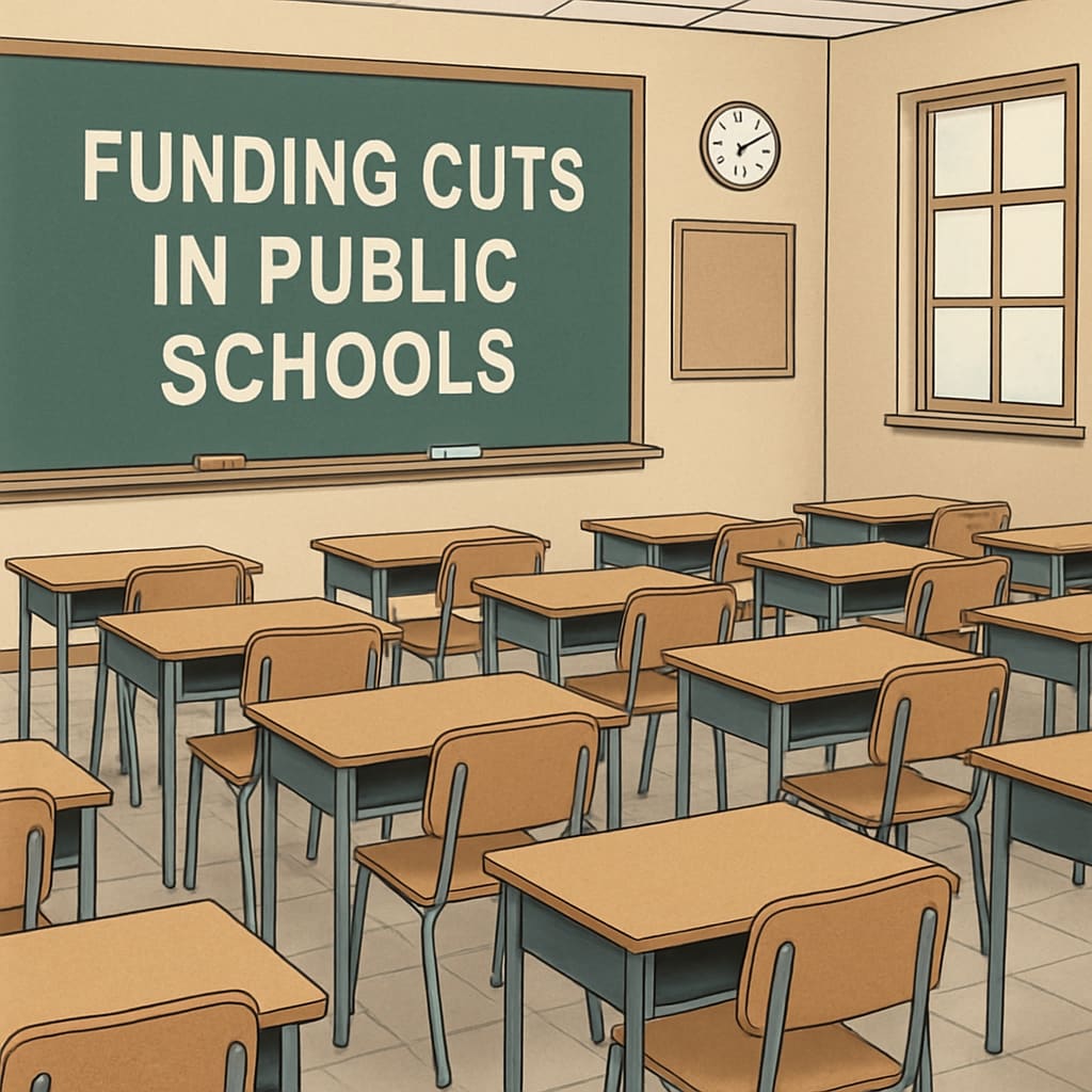 A classroom with empty desks, symbolizing the impact of funding cuts on public schools. Empty classroom highlighting the effects of funding cuts on public education.