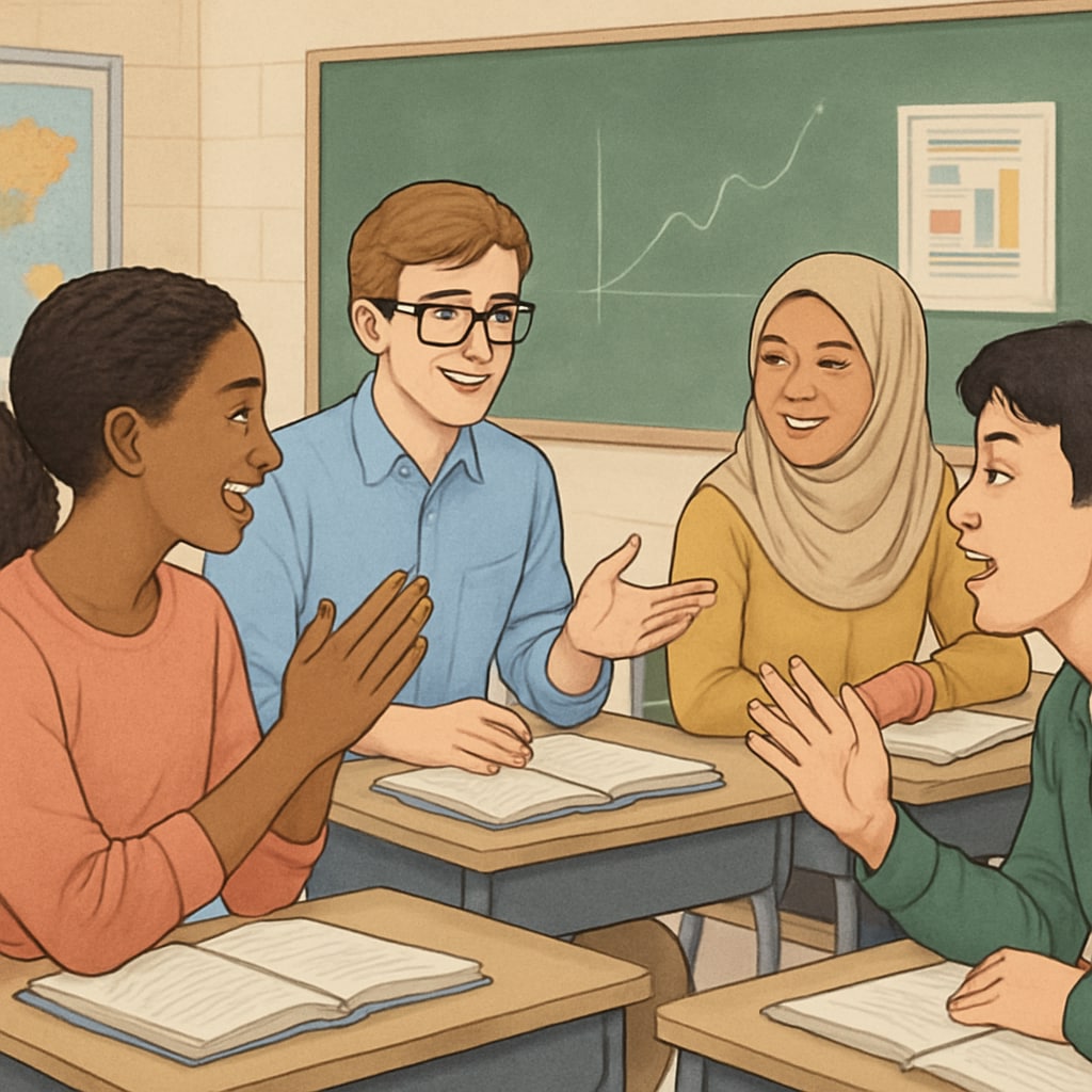 A diverse group of students participating in a classroom discussion, representing cultural and academic integration. Diverse students discussing in a classroom, symbolizing academic adaptation.