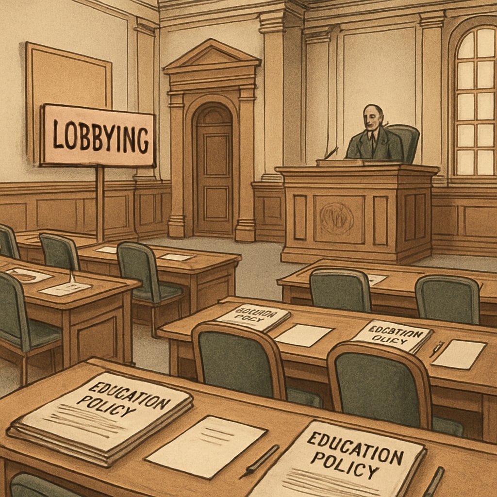 A legislative hall, representing the influence of lobbying on education policy. A legislative chamber illustrating the role of lobbying in education policy changes.
