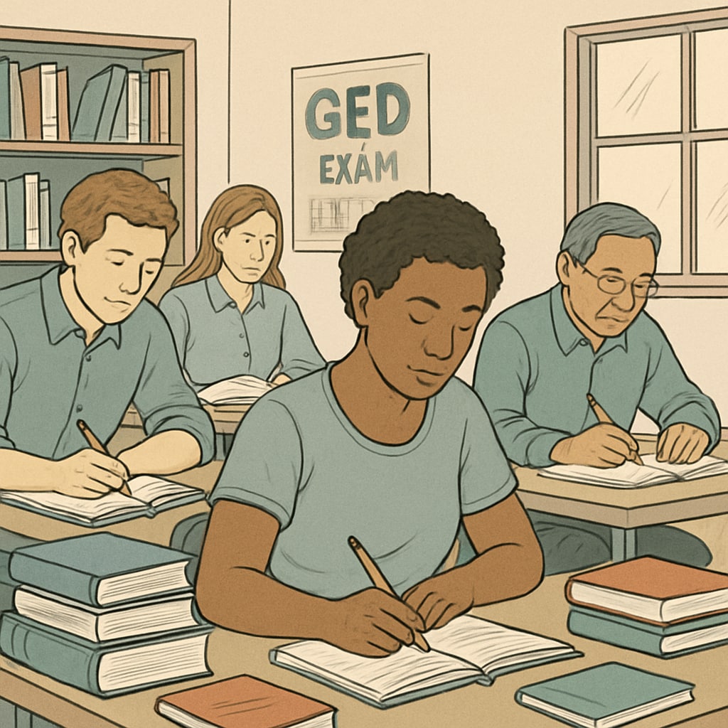 Adult learners studying for their GED exams as part of their education journey.