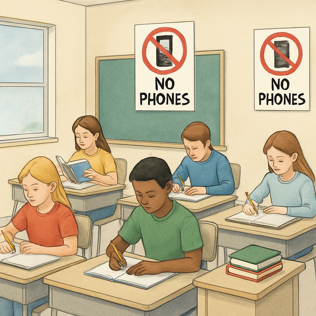 Public school classroom with mobile phone prohibition signs.