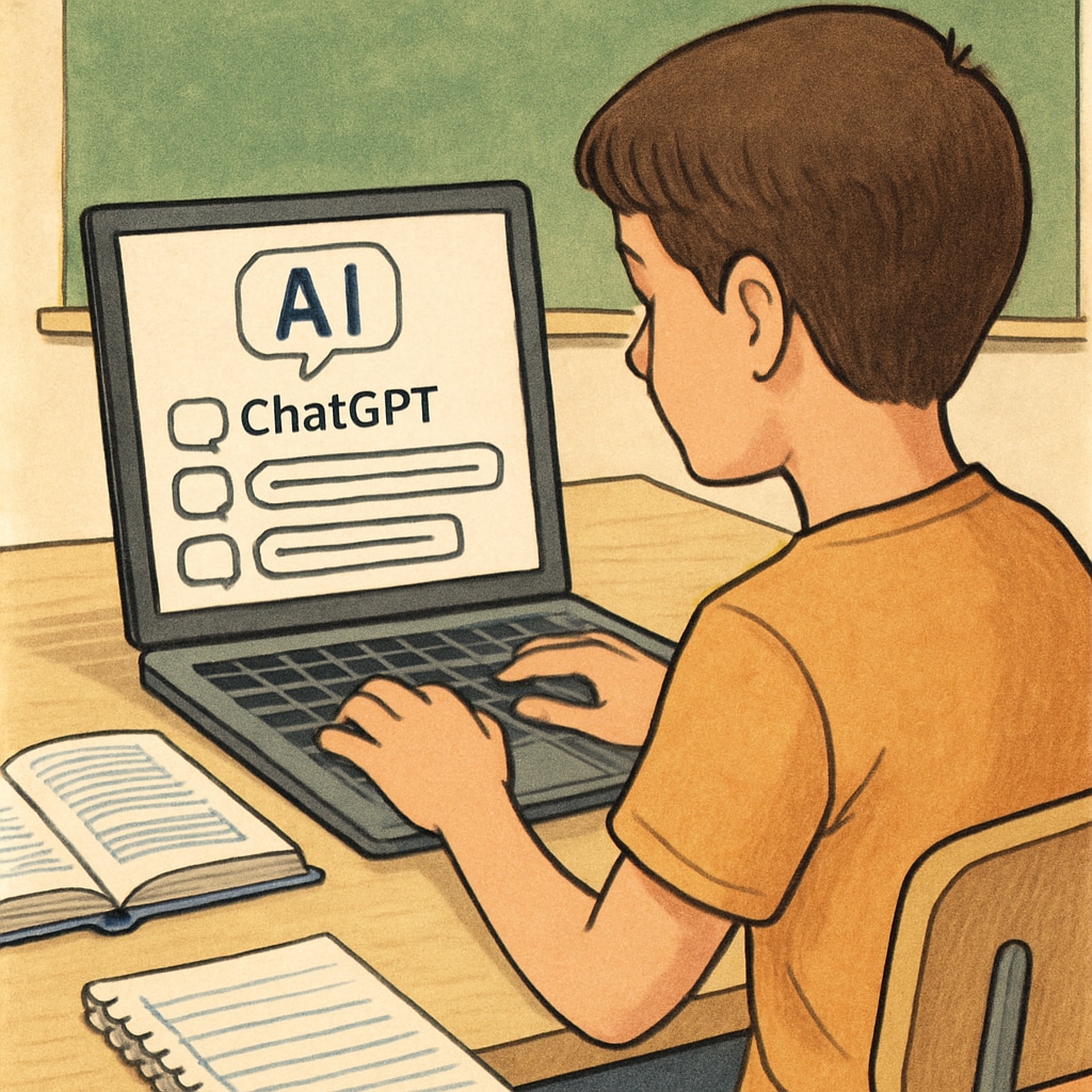 A student using a laptop with an AI interface visible on the screen, symbolizing ChatGPT-assisted learning in education. Student working with AI tools like ChatGPT for academic purposes.
