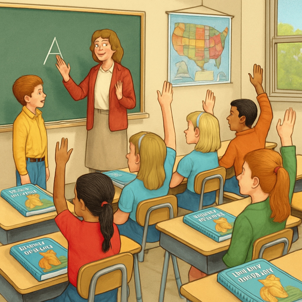 Classroom scene with students using 