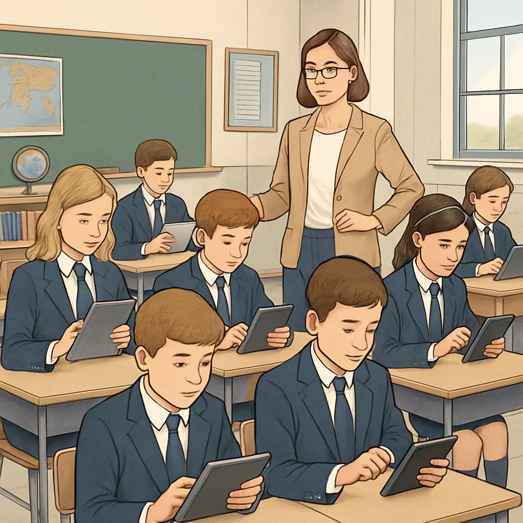 Private school students using smartphones and tablets during lessons.
