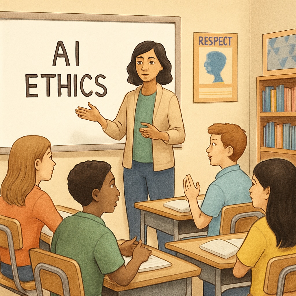 A classroom setting where a teacher discusses AI ethics with students, emphasizing collaboration and understanding. Teacher explaining the ethical use of AI tools in education to students.