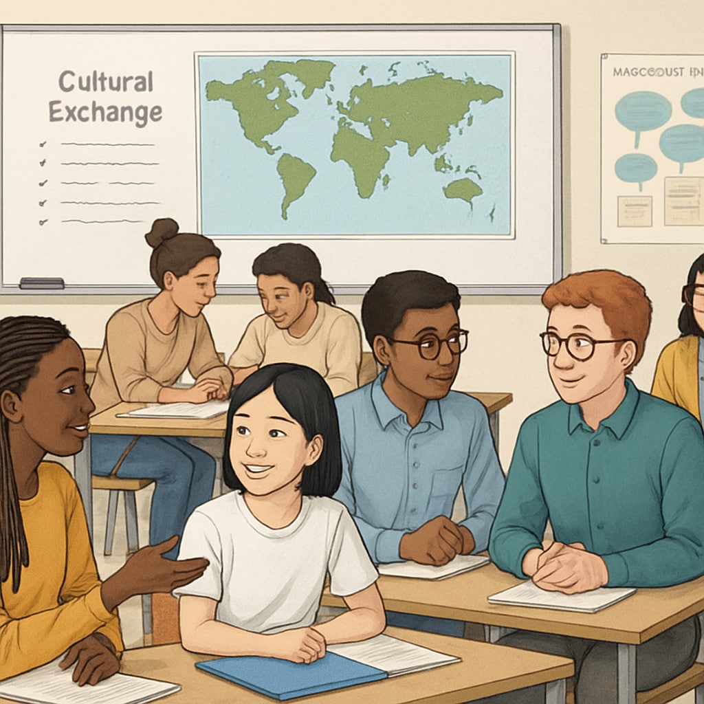 A diverse group of international students engaging in a cultural exchange workshop in a classroom setting. International students in a classroom learning about cultural adaptation and foundational knowledge.
