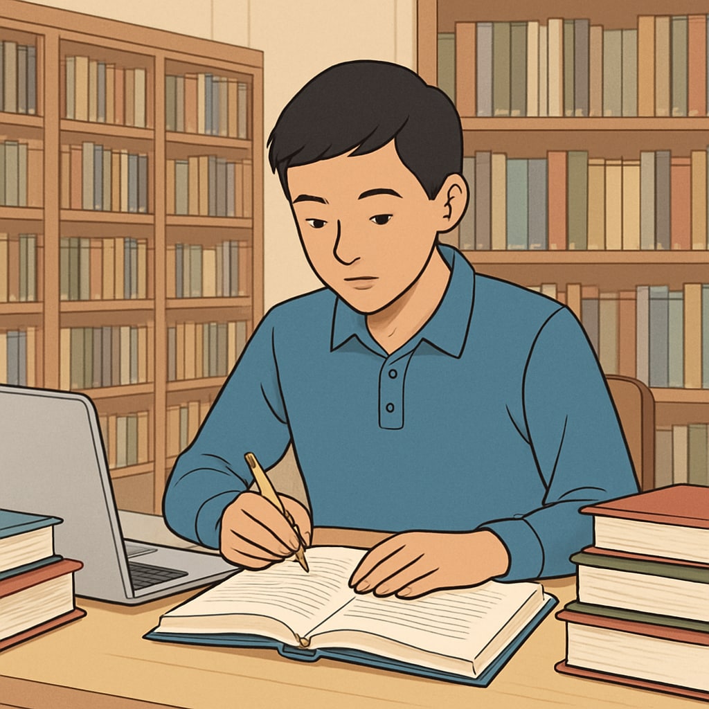 A high school student studying in a library, surrounded by books and a laptop, representing academic adaptation in a foreign-language environment. High school student studying in a foreign-language academic setting.