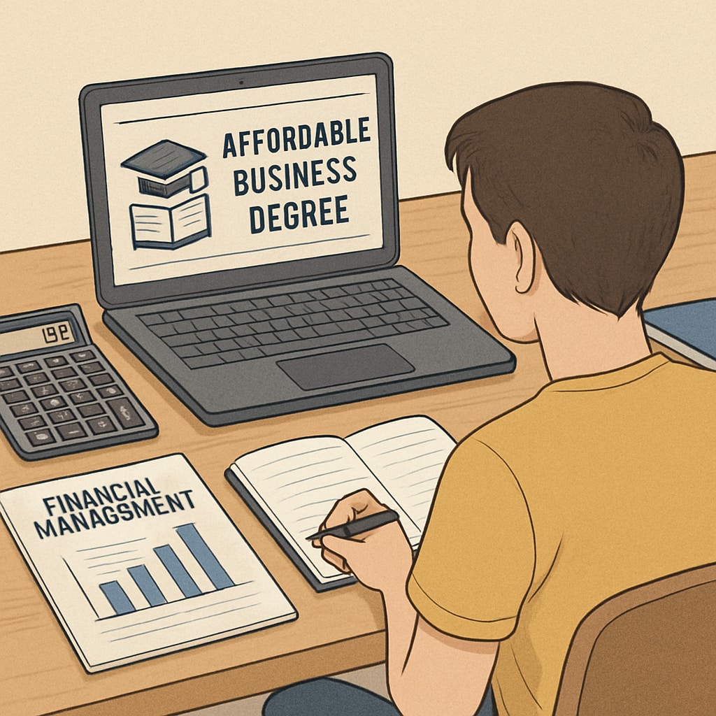 A student studying online with financial management tools on their desk, symbolizing preparation for an affordable business degree. Student studying online for an affordable business and finance degree.