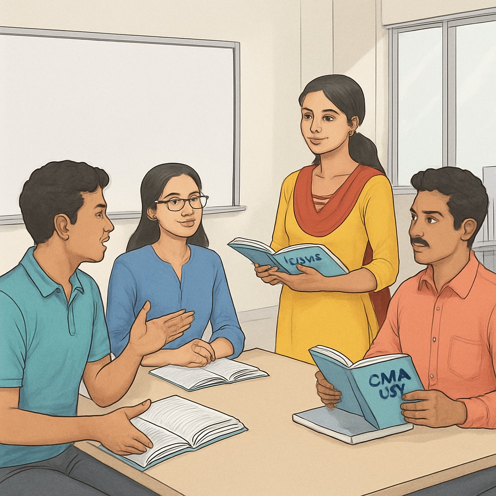 A group of Kerala students discussing CMA USA course materials in a modern classroom setting. Kerala students studying CMA USA course materials.
