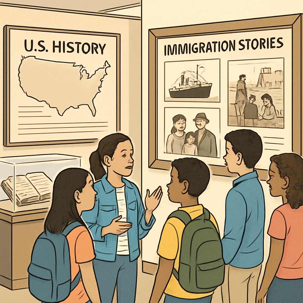 A group of students visiting a museum exhibit showcasing U.S. history and immigration stories. Students exploring U.S. history and culture at a museum exhibit.