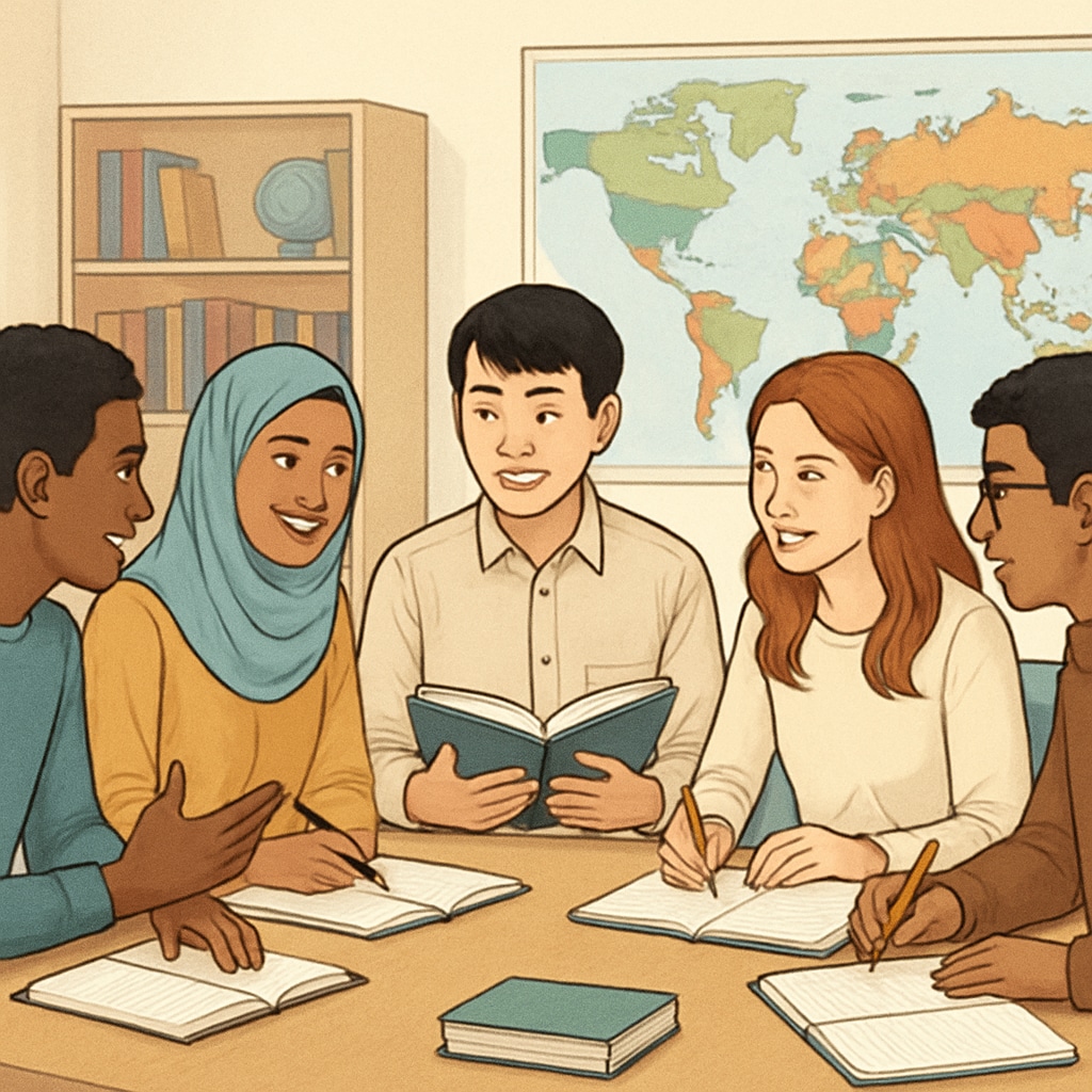 A group of international students participating in a cultural workshop, fostering mutual understanding and language skills. International students engaging in cultural exchange activities for academic and language adaptation.
