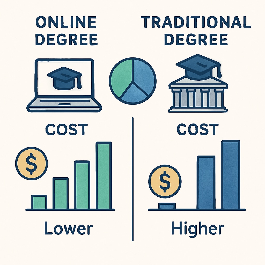 A graphic showing a comparison of costs between online and traditional degrees, highlighting affordability. Cost comparison of online versus traditional business degrees.