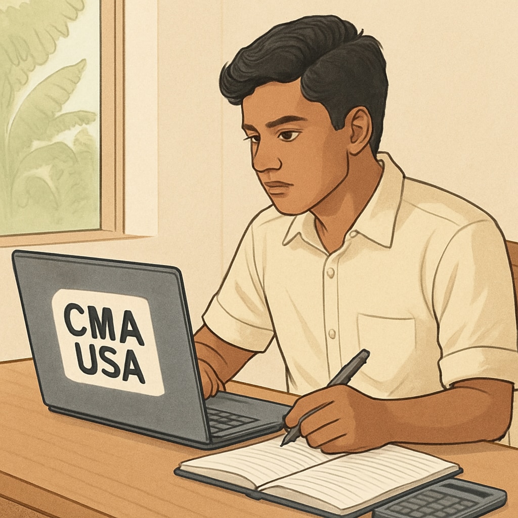 A student in Kerala studying CMA USA materials on a laptop, with a notebook and calculator nearby. Kerala student preparing for CMA USA exam.