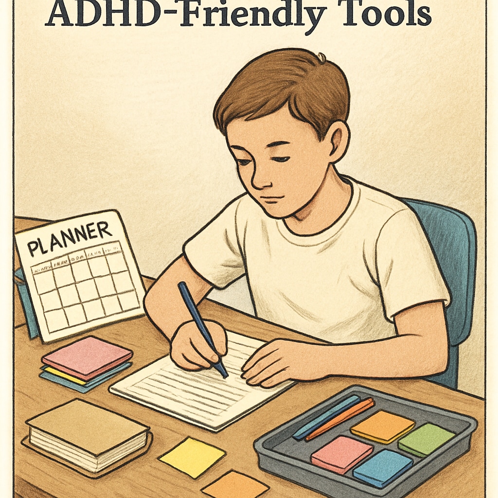 A student sitting at a desk with ADHD-friendly tools, such as a planner and colorful sticky notes, while working on homework. The image emphasizes focus and organization. Student using ADHD-friendly tools for academic success