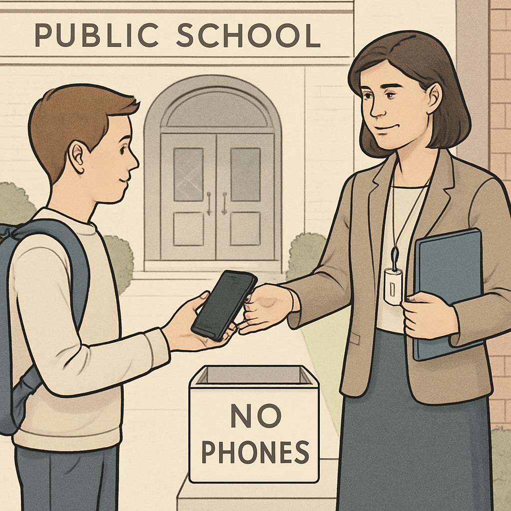 A student handing over their phone at the entrance of a public school, symbolizing the enforcement of phone bans. Student handing over their phone at a public school entrance, representing phone bans.