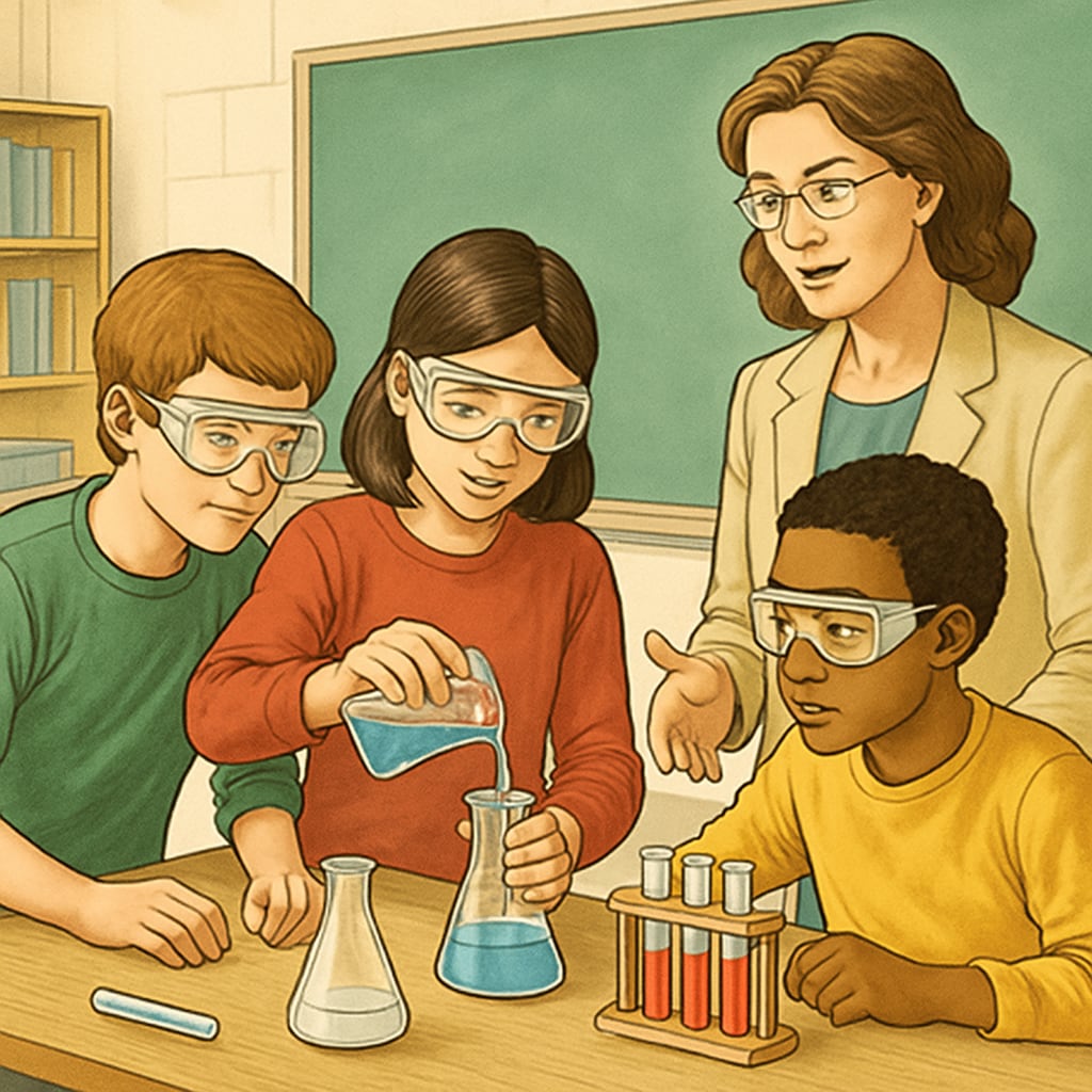 A classroom setting where middle school students are conducting a science experiment with teacher supervision. Middle school students engaged in a science experiment, representing OpenSciEd's hands-on learning approach.