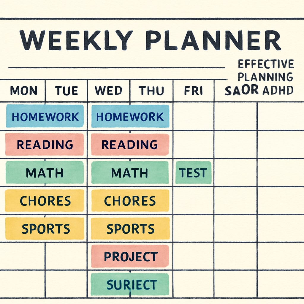 A close-up of a detailed weekly planner with tasks color-coded by subject. The image highlights effective planning techniques for ADHD students. Color-coded planner used for ADHD time management