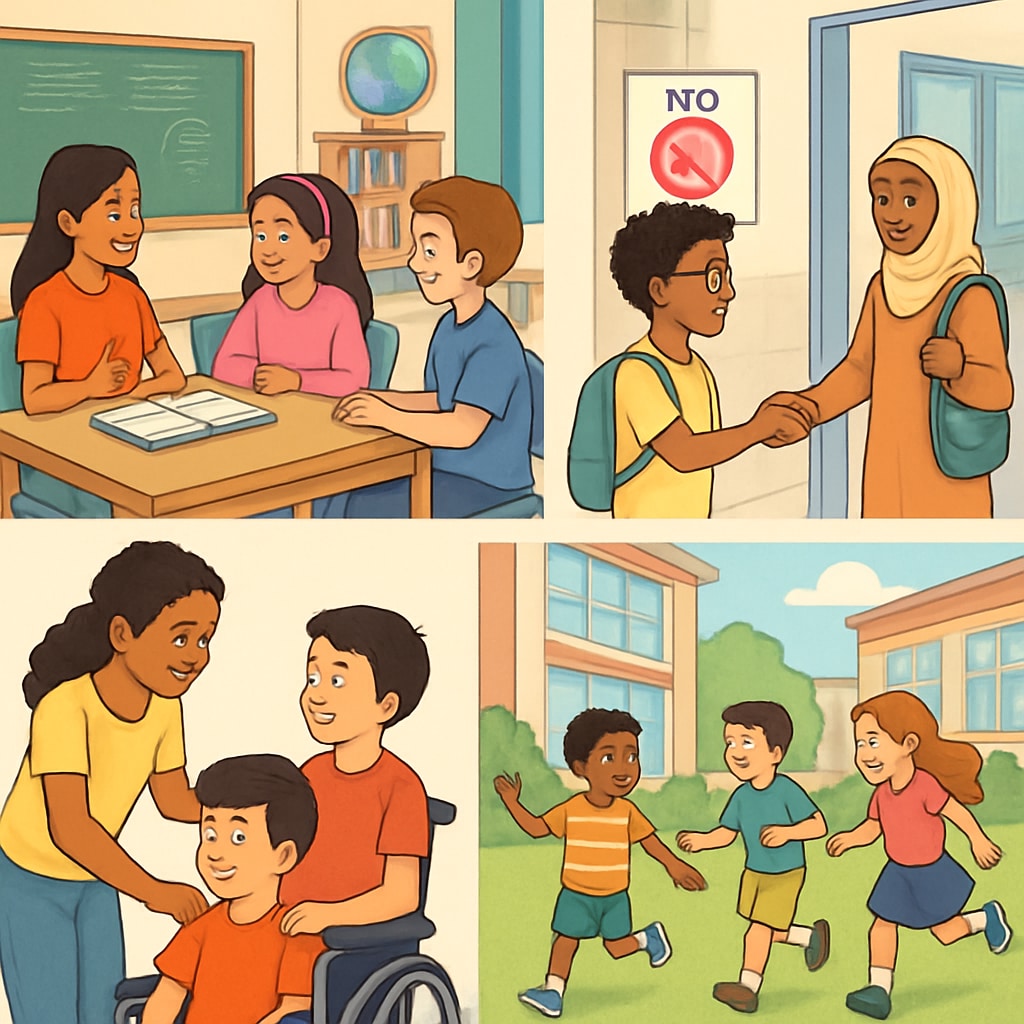 An illustration of a diverse group of students interacting peacefully in a school environment, symbolizing inclusivity and anti-bullying efforts. Students engaging in inclusive activities to prevent bullying in schools.