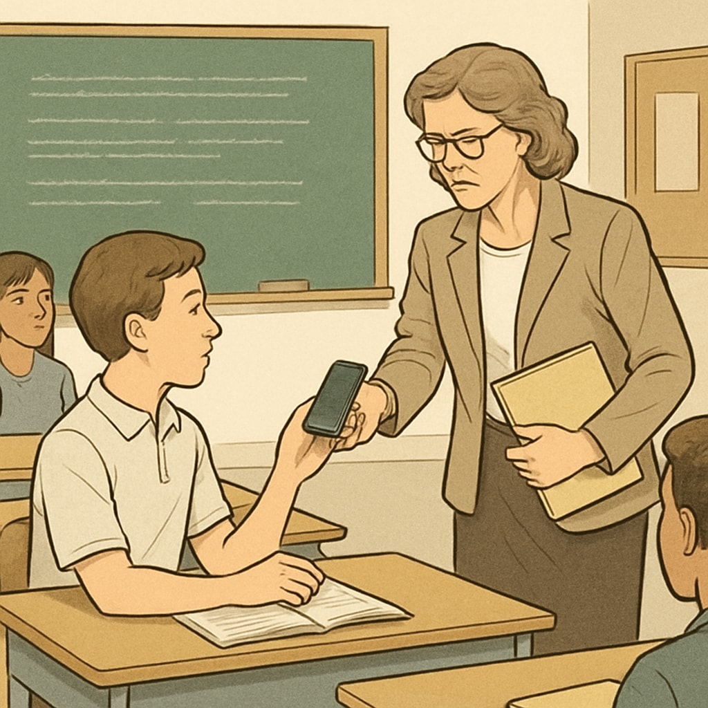 A teacher confiscating a student's phone during class in a public school setting, illustrating challenges in enforcement. Teacher taking a student's phone in class, showcasing enforcement challenges of phone bans.