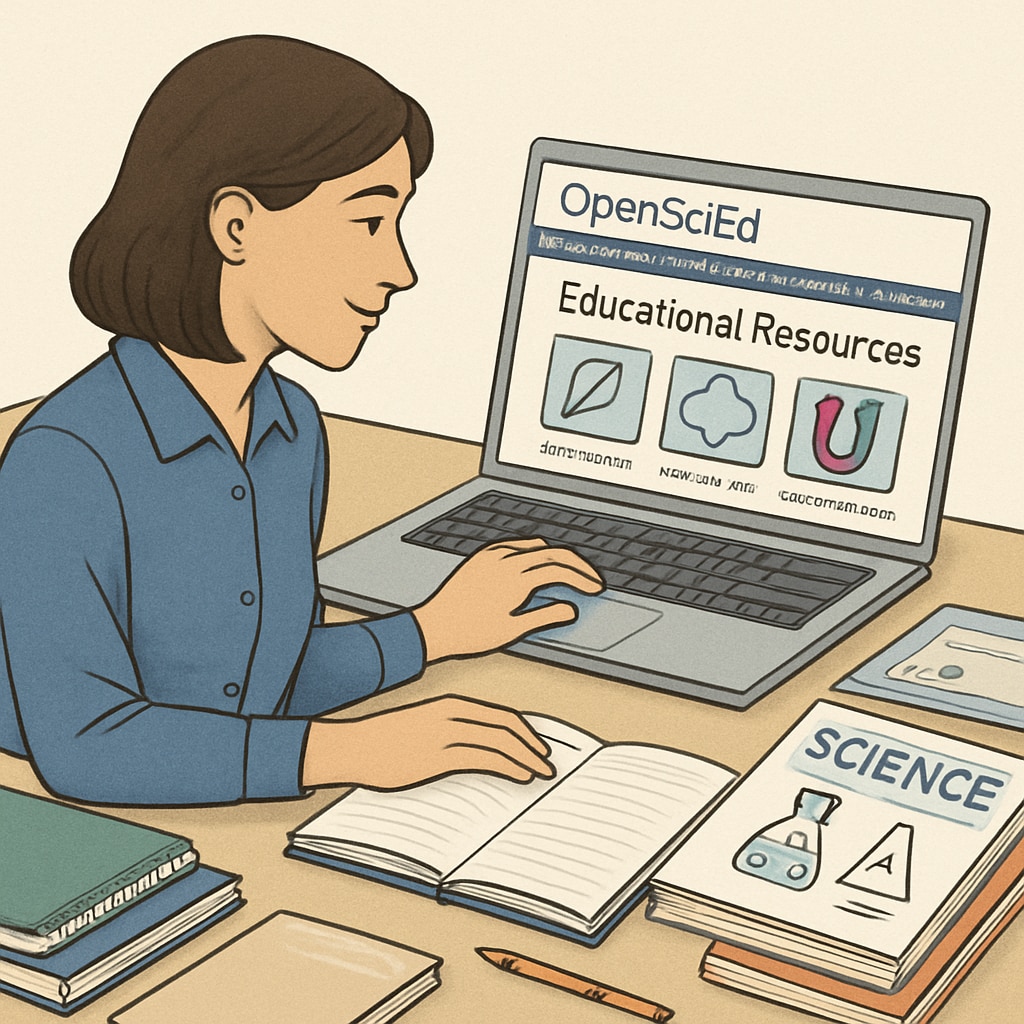 A teacher browsing resources on OpenSciEd's website, surrounded by notebooks and a laptop. A teacher exploring OpenSciEd's curriculum resources online, highlighting the platform's support for educators.