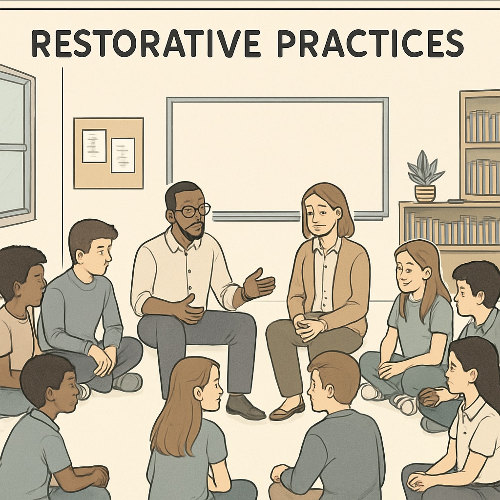 A visual representation of restorative practices, such as a circle discussion with students and teachers working together to resolve conflicts. Restorative justice practices in schools to address bullying and rebuild relationships.