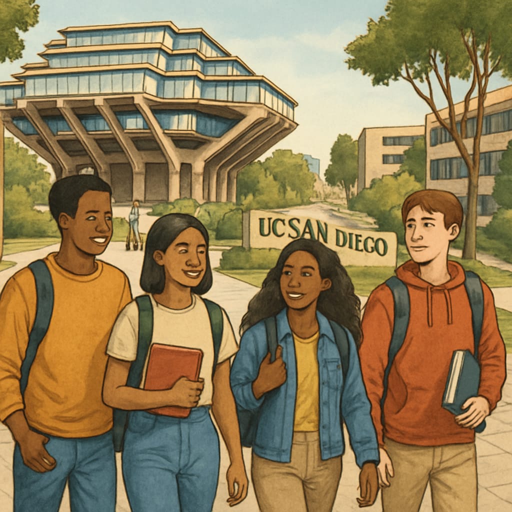 A diverse group of students walking on UC San Diego's campus, symbolizing the university's inclusivity and expanding enrollment. Diverse students on UC San Diego campus representing enrollment expansion.