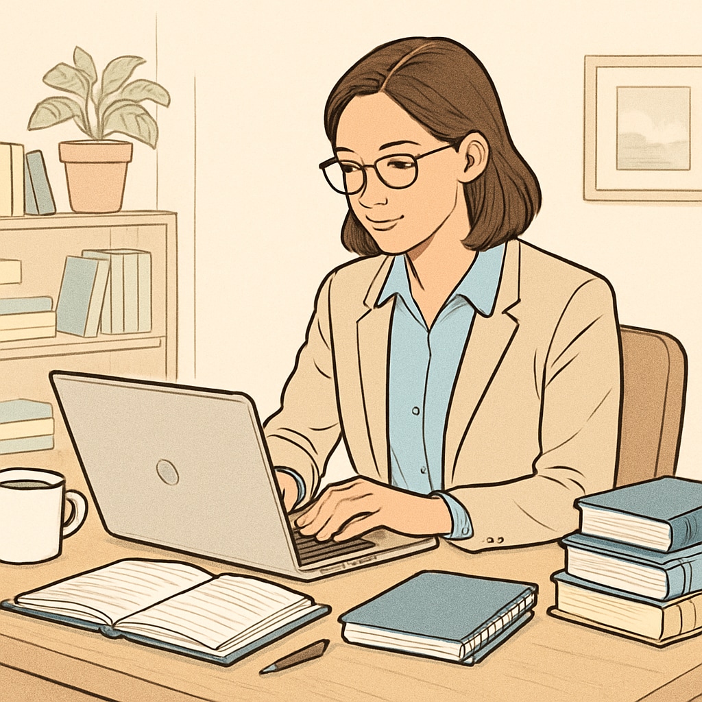 A professional woman studying at home with a laptop, representing online learning in a budget-friendly environment. Online learning environment for affordable business degree seekers