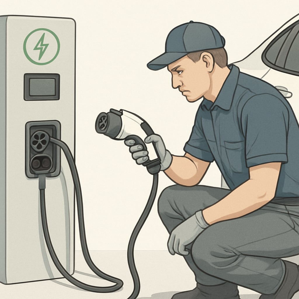 A modern electric vehicle charging station with an automotive technician inspecting connections. Electric vehicle charging station with technician inspecting connections.