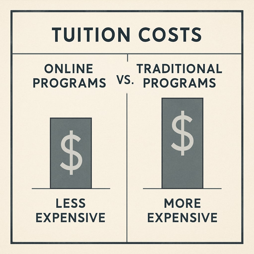 A comparison chart showing tuition costs of online programs versus traditional programs, emphasizing affordability. Tuition cost comparison between online and traditional programs