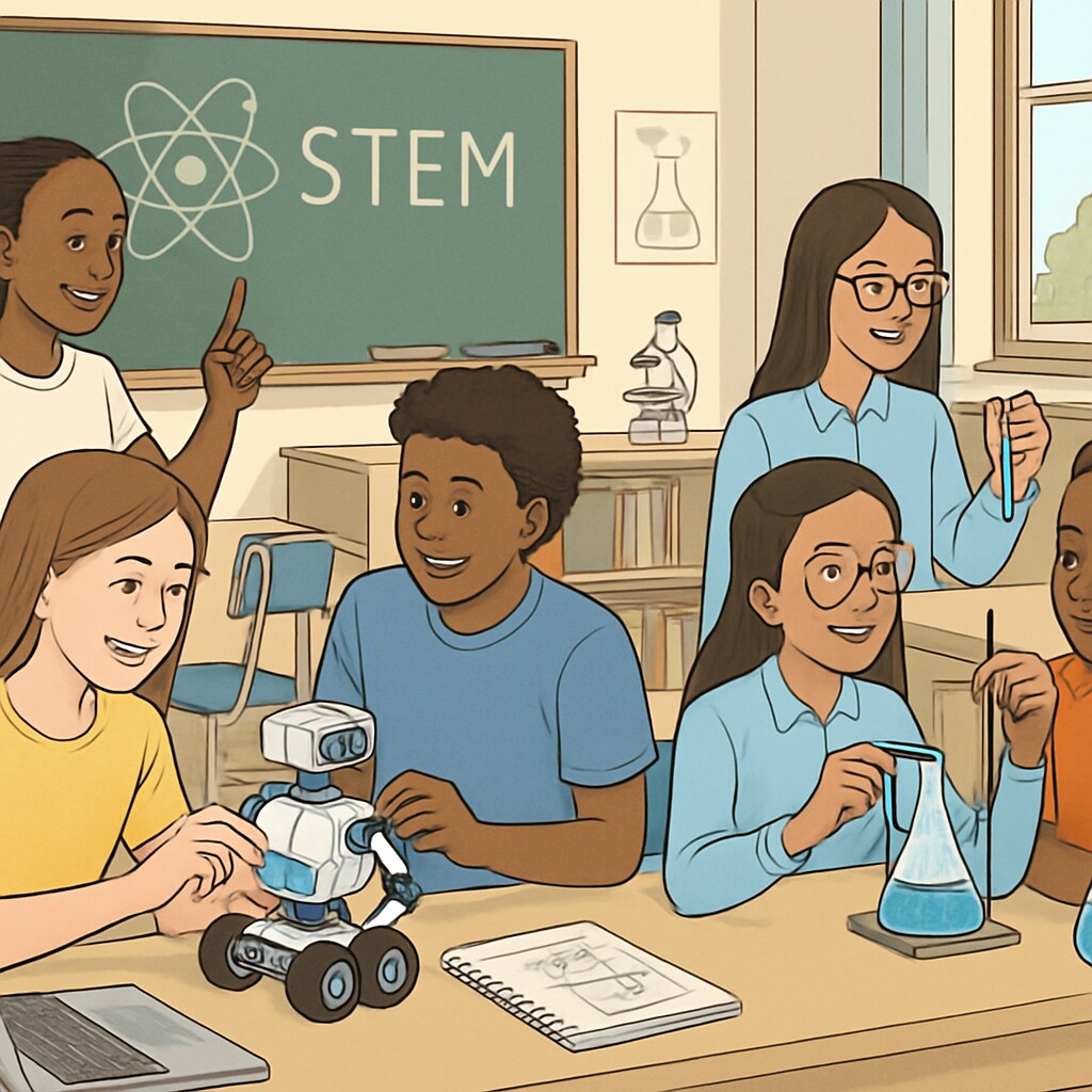 A high school classroom with students engaging in STEM activities, illustrating the shift in K-12 education priorities. High school students participating in STEM activities in a classroom.