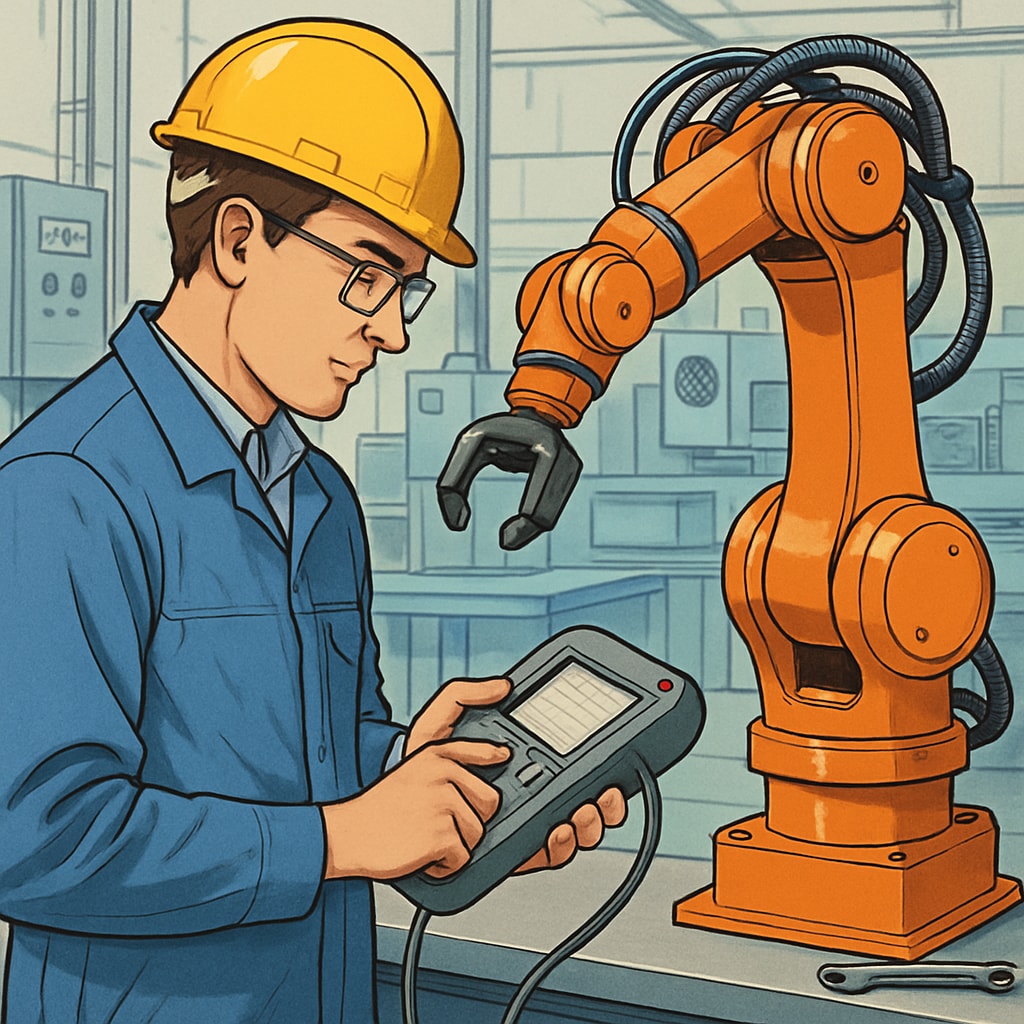 An engineer testing a robotic arm in an industrial setting. An engineer working with robotics, illustrating engineering careers.