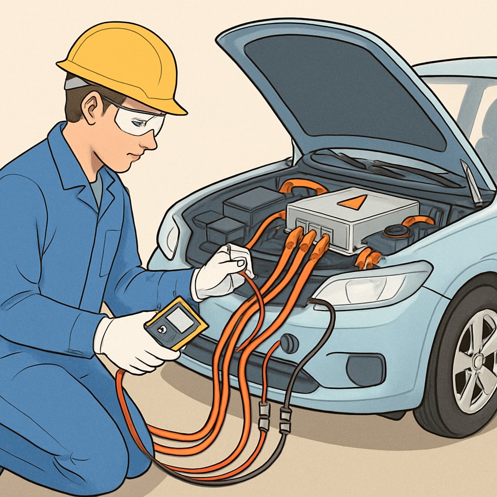 A technician working on an electric vehicle's wiring system, illustrating the integration of electrical and automotive skills. Technician working on an EV wiring system, showcasing electrical and automotive expertise.
