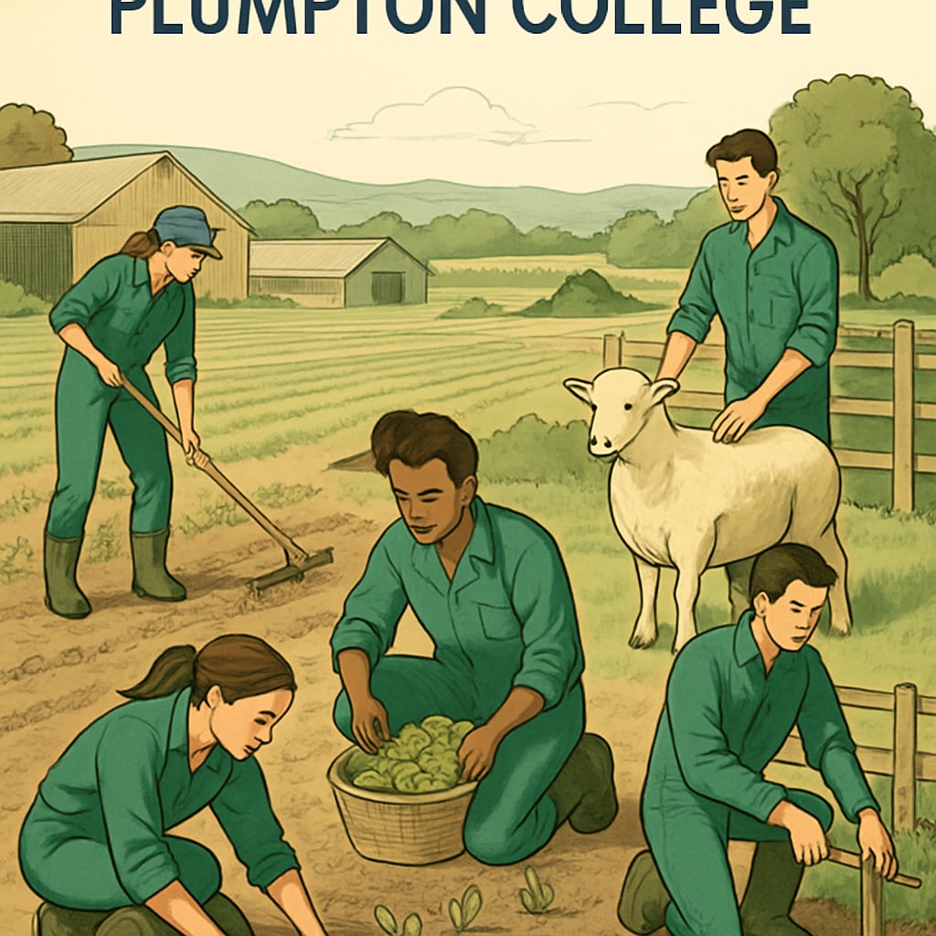 A group of students working on a farm at Plumpton College, showcasing hands-on learning opportunities. Students at Plumpton College participating in vocational training on a farm.