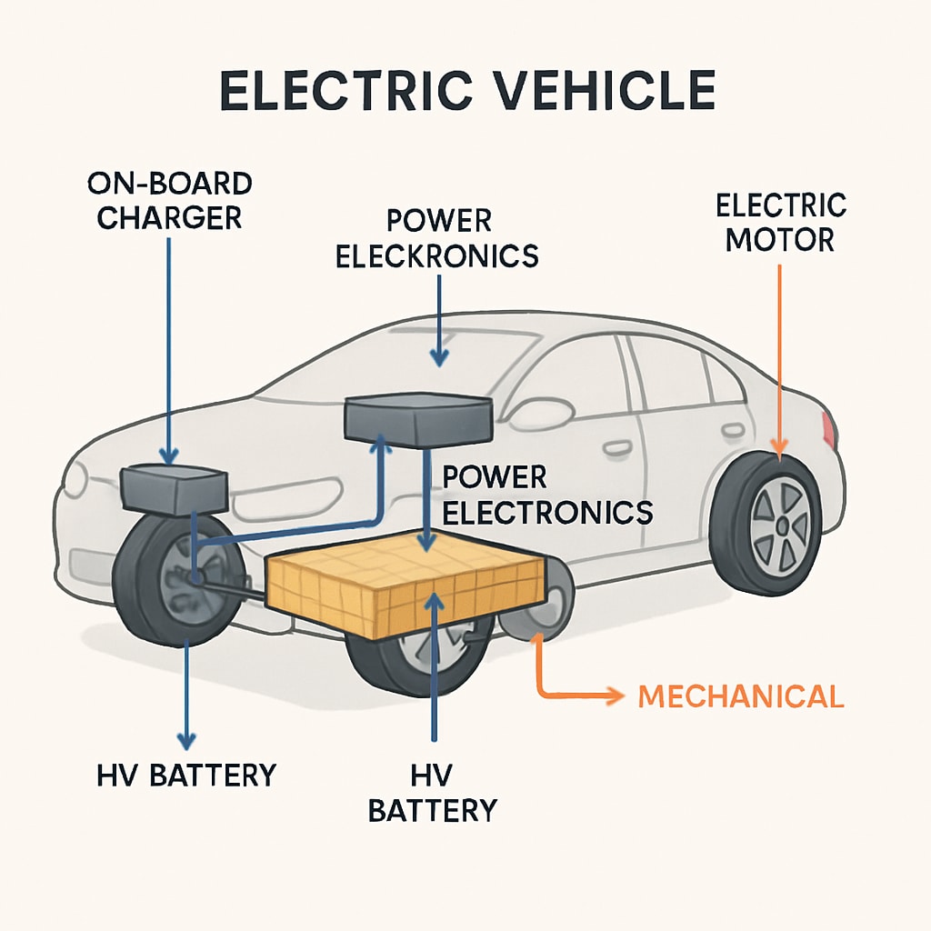 A diagram illustrating the components of an electric vehicle, highlighting the interplay between electrical and mechanical systems. Diagram of EV components showing the integration of electrical and mechanical systems.