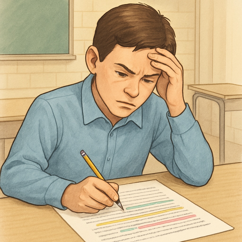 A student analyzing an English text during an exam, with highlighted sections showing tone and purpose indicators. Student analyzing English text tone and purpose indicators in exam.
