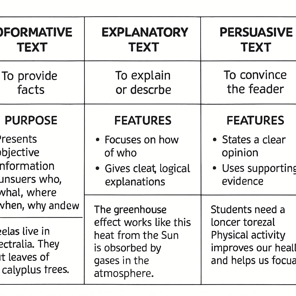 A visual chart comparing features of informative, explanatory, and persuasive texts side-by-side, with examples. Chart comparing features of informative, explanatory, and persuasive texts.