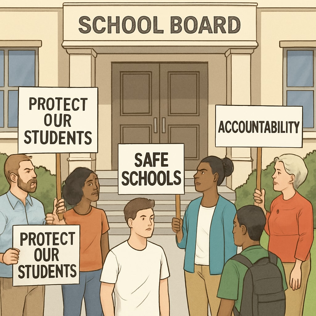 A protest in front of a school board building, with signs advocating for student safety and ethical governance. Protesters outside a school board building advocating for child safety and ethical governance.