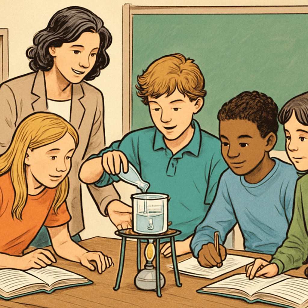 A teacher leading a group of middle school students in a hands-on science experiment, symbolizing the collaborative and engaging approach of OpenSciEd. Hands-on science experiment in a middle school classroom with OpenSciEd resources.