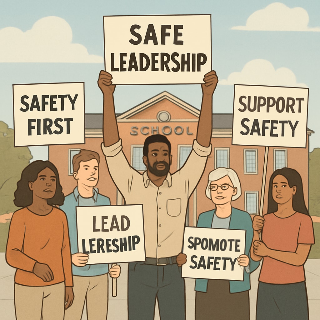 Community members holding signs during a peaceful protest outside a school, advocating for safer leadership practices. Community protest advocating for better school leadership and child safety.