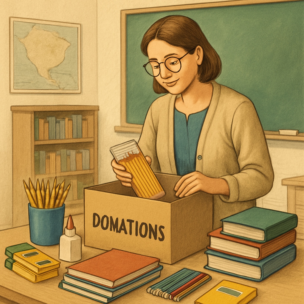 A teacher organizing donated school supplies for her classroom, reflecting community support in action Teacher organizing donated classroom supplies to support education resources