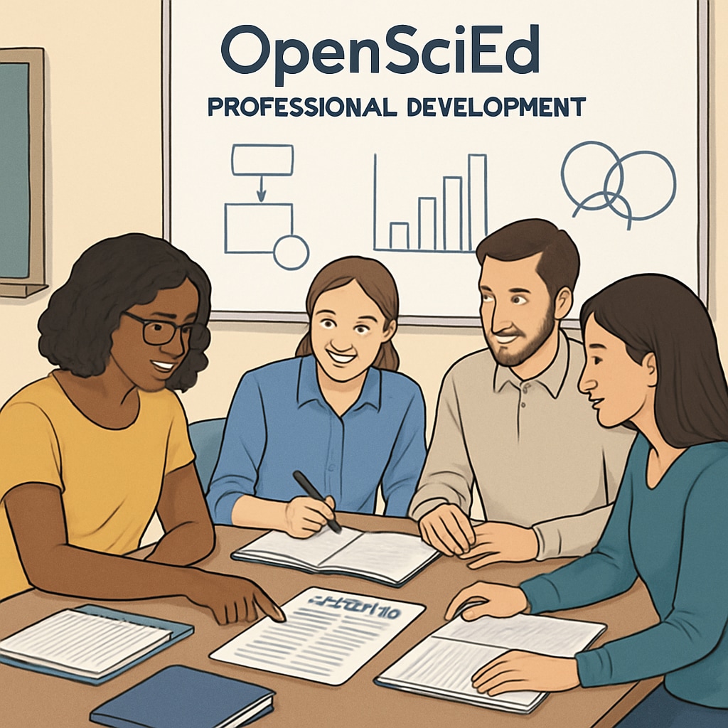 An OpenSciEd professional development workshop with teachers collaborating on lesson plans, illustrating the community’s focus on collective growth and innovation. OpenSciEd workshop with teachers working together on science curriculum development.
